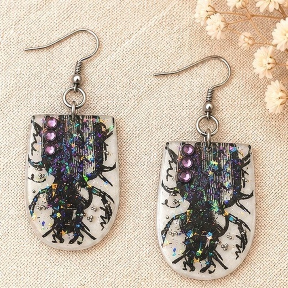 Handmade Resin Beetle Earrings Purple Iridescent Insect Art